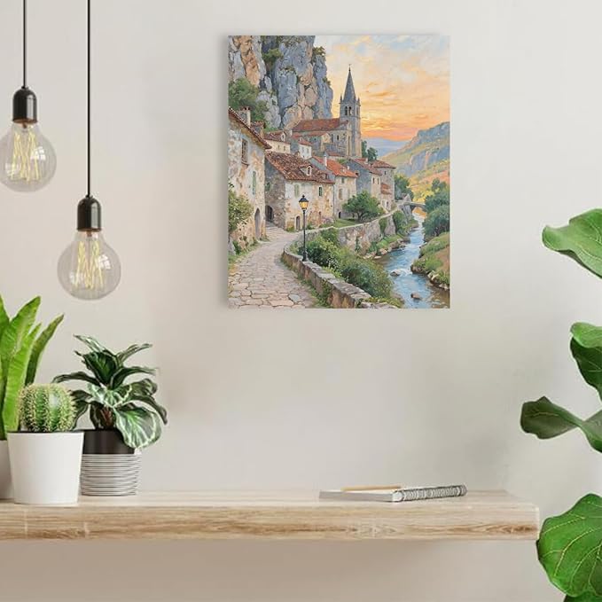 Small town scenery poster on the bank of the mountain stream is suitable for living room bedroom and office natural oil painting poster-Ruum Studio Home