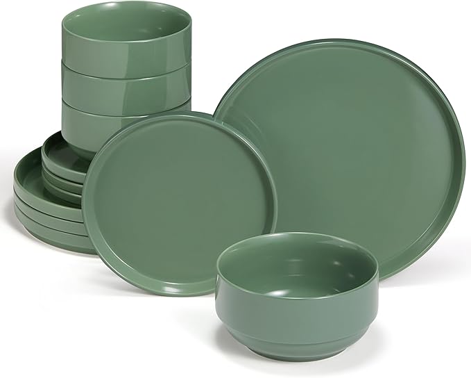 Ceramic Dinnerware Set, 12-Piece Service for 4, Round, Microwave and Dishwasher Safe, Cambridge Classics (Dusty Jade)-Ruum Studio Home