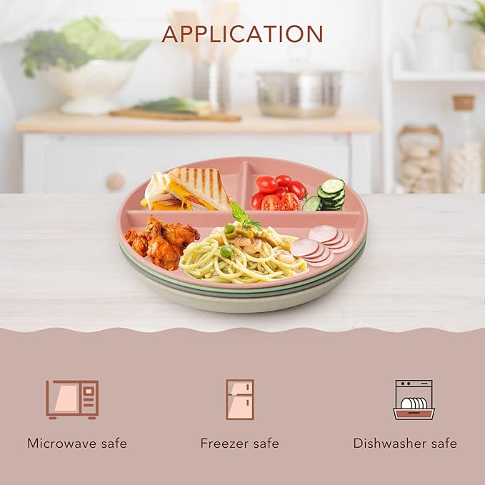 greenandlife 9 Inch (4PCS) Unbreakable Divided Plates for Kids Adults, Dishwasher & Microwave Safe Compartment Plate, Lightweight Reusable Plastic Portion Control Plates, BPA Free and Healthy-Ruum Studio Home