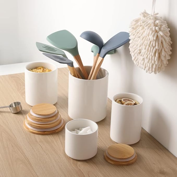 Sweejar Ceramic Kitchen Canister Sets, Porcelain Container for Countertop, Heavy Food Storage Jars with Airthight Seal Bamboo Lid, Servering for Sugar, Coffee Beans, Tea Leaves, Pack of 4（White）-Ruum Studio Home