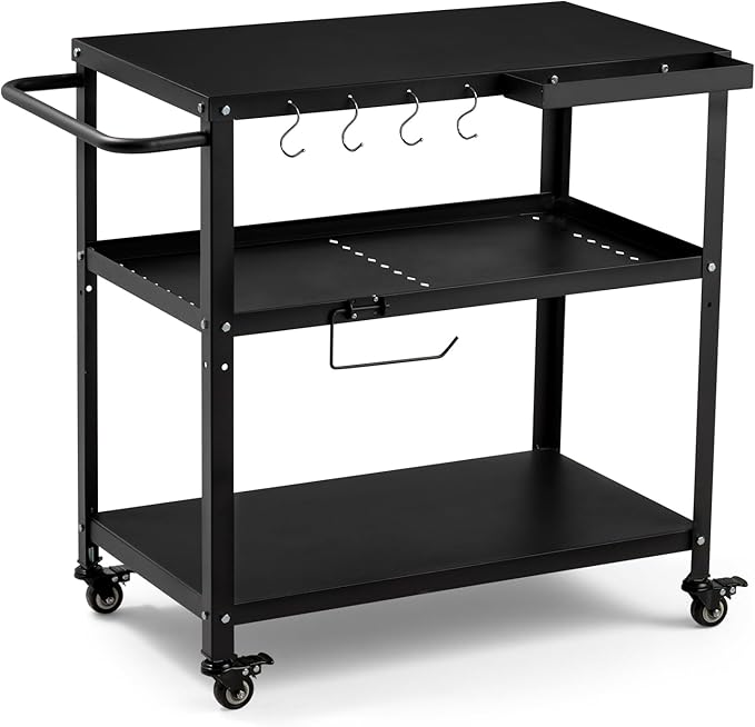 Outdoor Grill Cart Table,Indoor and Outdoor Pizza Oven Table,with 4 Movable Total Lock Casters, Hooks, Side Handle Multifunctional (Black)-Ruum Studio Home