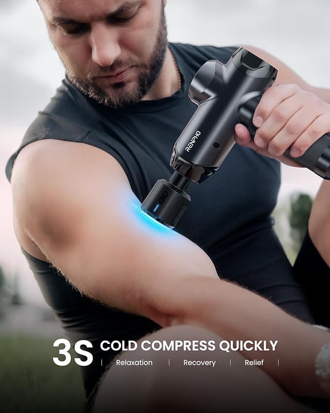 RENPHO Power Massage Gun Deep Tissue, Percussion Muscle Massage Gun for Athletes, Powerful Portable Electric Handheld Deep Tissue Massager Gun, LED Touch Display (Power+ THERMACOOL Deluxe)-Ruum Studio Home