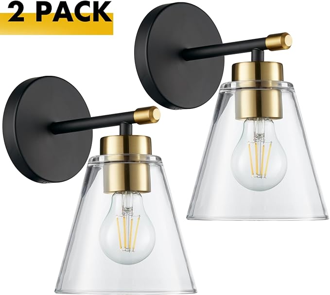 Hamilyeah Black and Gold Wall Sconces Set of 2, Bathroom Sconces Wall Lighting Fixture Indoor with Glass Shade, Mordern Black Wall Sconce Lighting for Kitchen, Hallway, Living Room-Ruum Studio Home