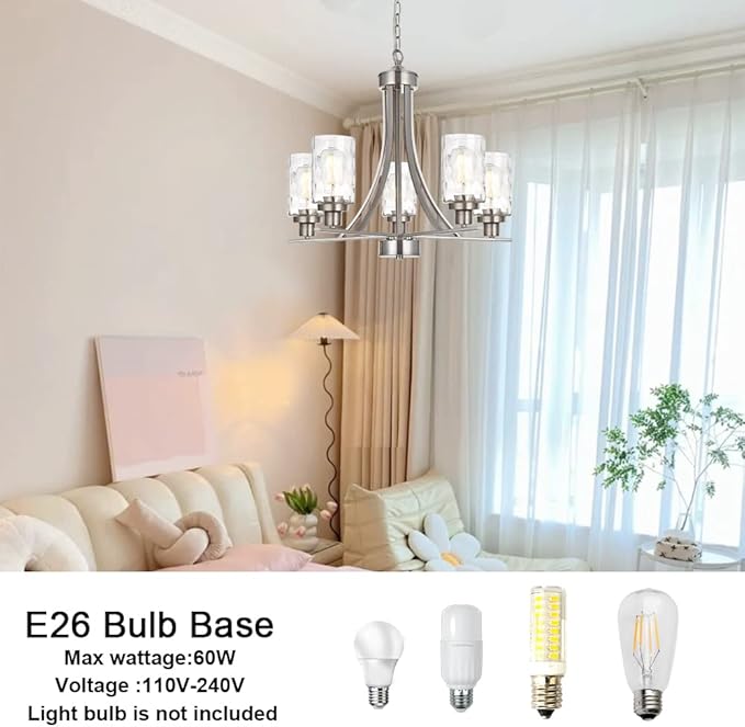 BONLICHT 5 Light Modern Chandeliers Brushed Nickel Kitchen Island Dining Room Lighting Fixtures Ceiling Hanging Clear Hammered Glass Pendant Lamp Transitional Pendant Lights for Living Room Foyer-Ruum Studio Home