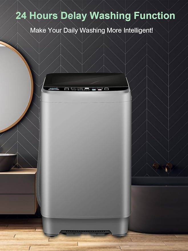25 lbs Full Automatic Washing Machine with LED Display Compact Washing Machine with Drain Dump, 10 Wash Programs and 8 Water Levels Ideal for Dorms, Apartments, RV, Grey-Ruum Studio Home