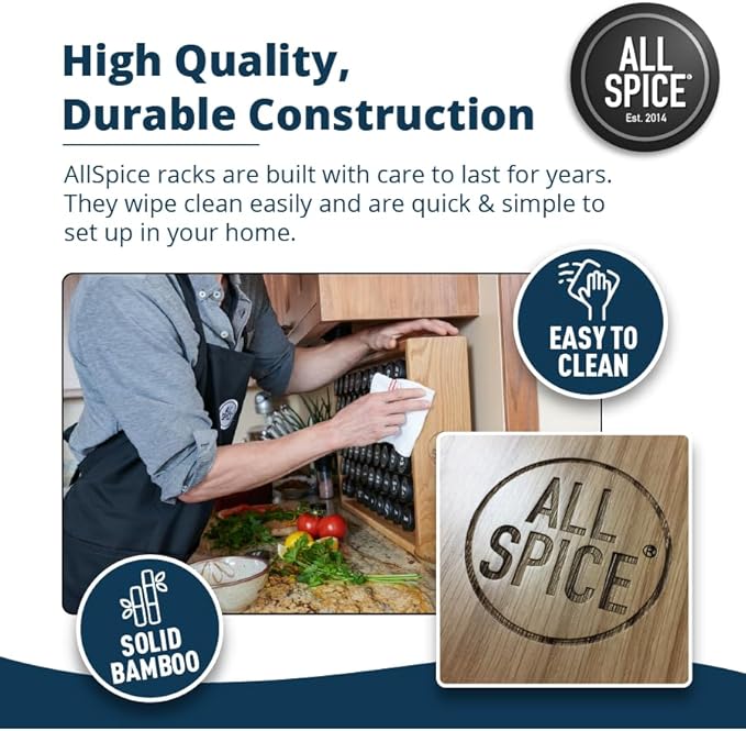AllSpice Spice Rack Organizer, Wood, 525 Unique Labels, Countertop or Wall Mount, Includes 60 4oz Jars- Walnut Stain-Ruum Studio Home