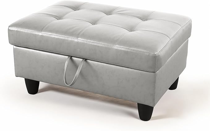 Ottoman Rectangular Storage Ottoman Bench, Faux Leather Footrest, Coffee Table, Stool Footstool with Hinged Lid for Living Room, Bedroom, Entryway, Silver, 35"x23.5"x17.5"-Ruum Studio Home