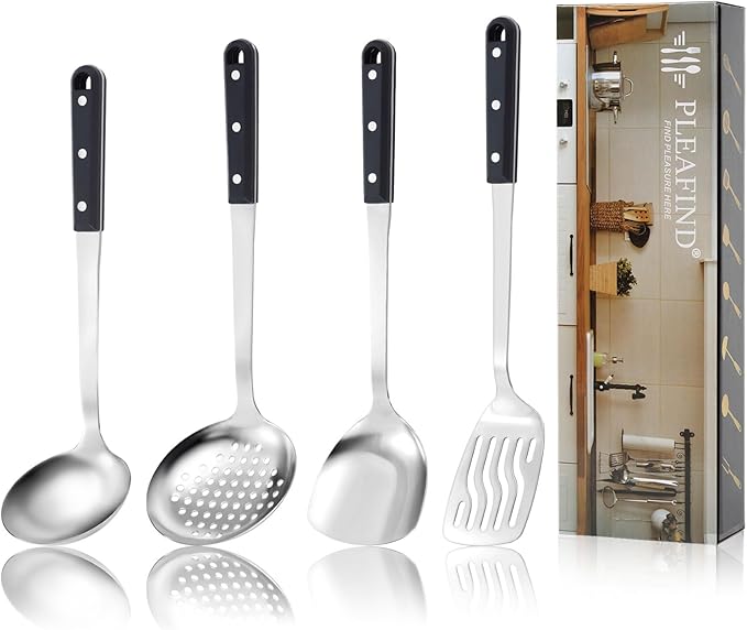 Pleafind 4-Pcs Cooking Utensils Set, Stainless Steel Kitchen Utensils, Mirror Polished Kitchen Essentials Set Include Wok Ladle, Slotted Spoon, Wok Spatula ＆Slotted Spatula, Dishwasher Safe-Ruum Studio Home