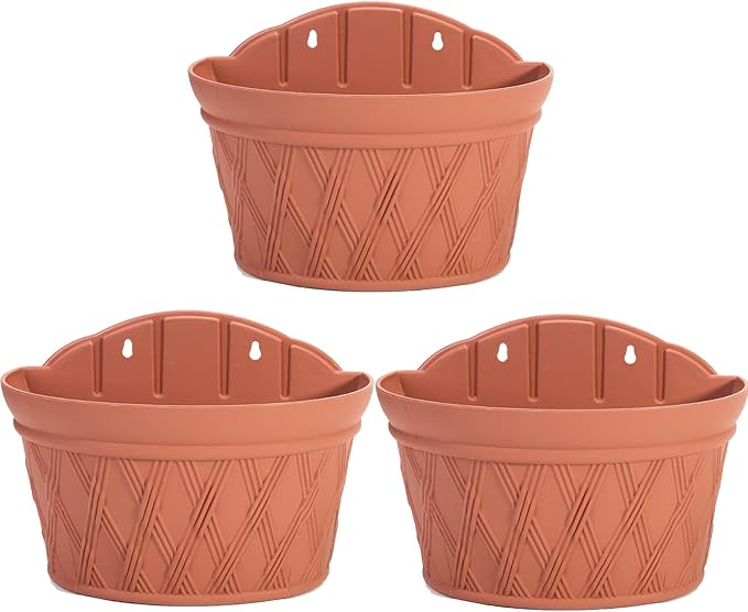Sungmor Wall Hanging Planters,11.5 Inch Hanging Flower Pots for Railing Fence - Indoor Outdoor Balcony Wall Hanging Basket, Plastic Plant Pot Container - Half Round & 3PC Pack & Brick Red-Ruum Studio Home
