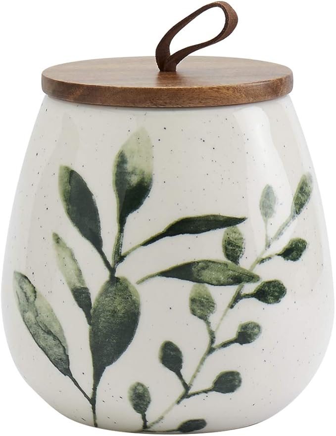 TTU Tabletops Gallery Ceramic Canister Collection- Stoneware Designed Kitchen Storage Acacia Wood White Set, 3 Piece Green Leaf Canister Set-Ruum Studio Home