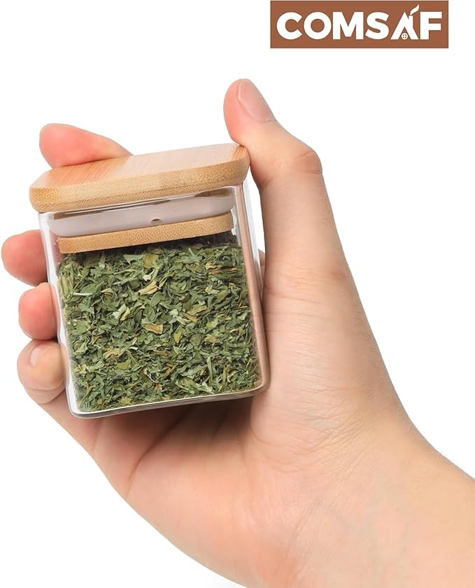 ComSaf Spice Jars with Labels 4 oz 6Pack, Small Spice Containers Starter Set, Glass Seasoning Jars with Lids, Square Seasoning Containers for Salt, Pepper, Chili Powder, Sugar, Ginger Ground, Cumin-Ruum Studio Home