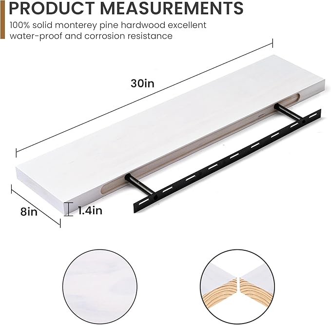 Fun Memories Farmhouse Floating Shelves - 8 Inch Deep Rustic Wood Wall Shelf - Premium Solid Pine Wood Storage Shelf for Kitchen Living Room Bedroom - 30" W x 8" D - Set of 2 - White-Ruum Studio Home