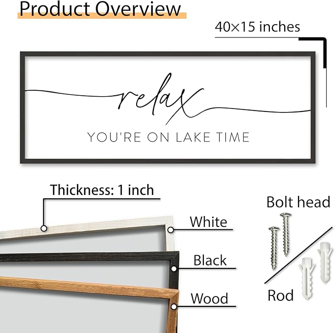 SRSZHIYUE Relax You're On Lake Time Wall Decor Above Bed Sign 40"×15" for Lake House Bedroom Over Bed Large Wood Framed Hanging Art (Black)-Ruum Studio Home