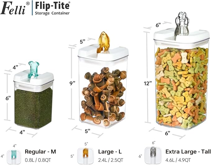Felli Flip Tite Pet Food Container with Airtight Lids, BPA FREE Acrylic Canister with Paw Bone Fish Flip Top Handles for Cat Dog Kibble Treats Storage, Keep Fresh (Pet Collection Nest-L3pk)-Ruum Studio Home