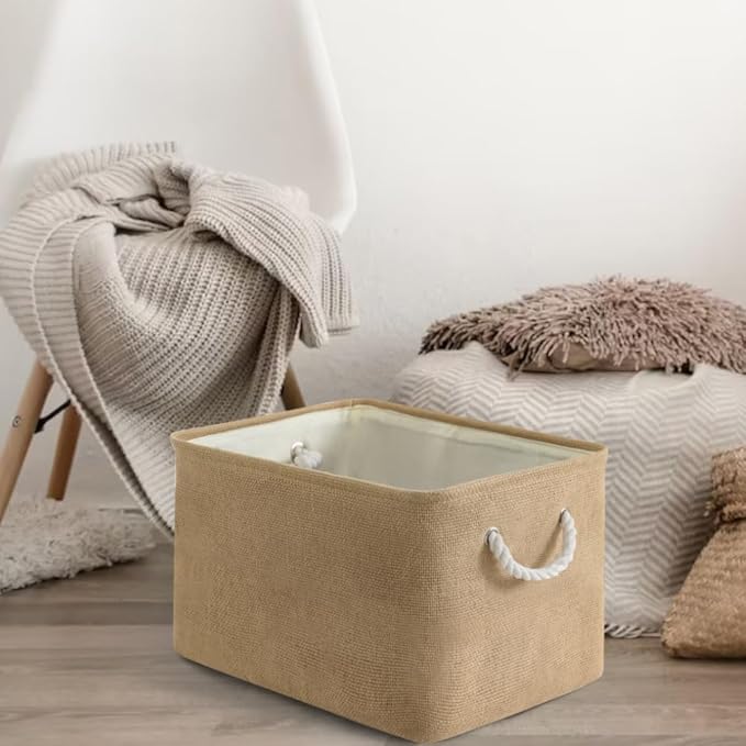 Organization and Storage Basket for Organizing - 17X15X12 inch 2 Pack Collapsible Baskets for Shelves, Fabric Storage Cubes with Rope, Storage Box for Cloth Decorative Gift (Beige)-Ruum Studio Home