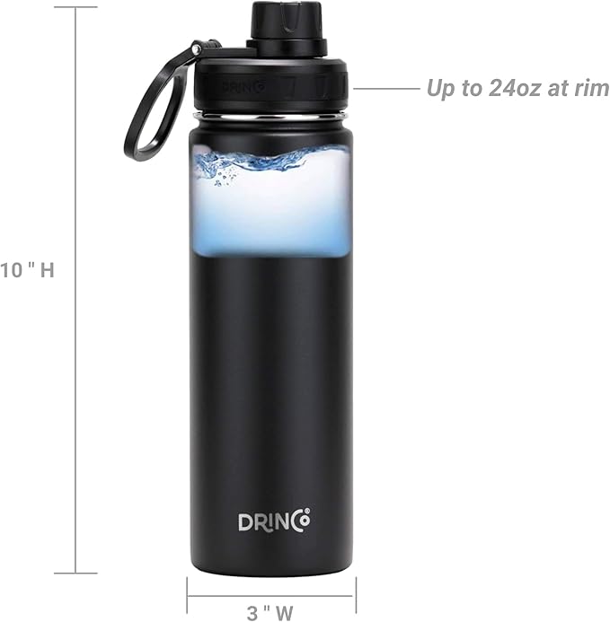Drinco Stainless Steel Water Bottle Spout Lid Vacuum Insulated Double Wall Water Bottle Wide Mouth (40oz 32oz 22oz 18oz 14oz) Leak Proof Keep Cold Sport Camping Hiking (22 oz, 22oz Black)-Ruum Studio Home