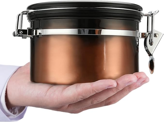 malmo Coffee Canister, Airtight Coffee Container with Date Tracker Lid, Stainless Steel Canister for Kitchen Food Storage (Black-Copper, 9oz)-Ruum Studio Home
