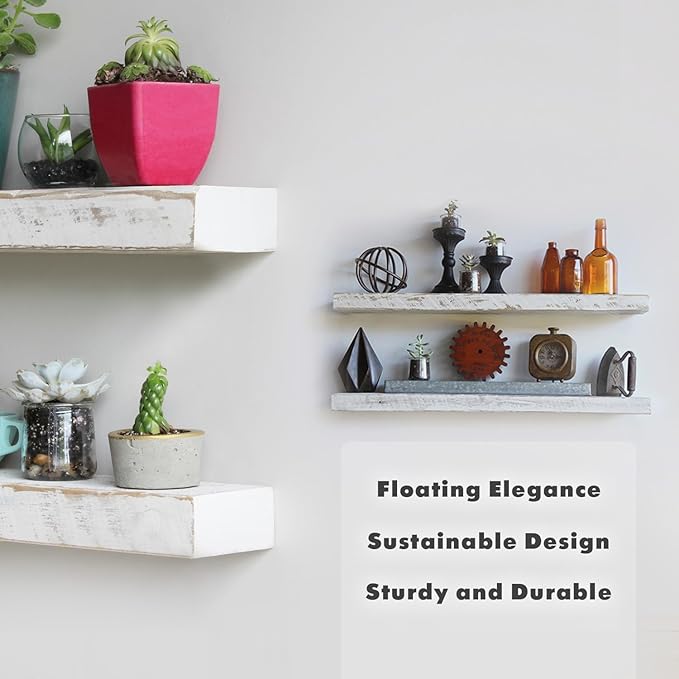 Urban Legacy Reclaimed Barnwood Planks | Floating Shelves for Wall w/Flush Mount Shelf Bracket Set Included | Set of 2 (White Wash, 36" x 7"x 2")-Ruum Studio Home