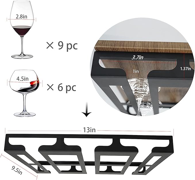 Wine Glass Rack - Under Cabinet Stemware Wine Glass Holder Glasses Storage Hanger Metal Hanging Organizer for Bar Kitchen 3 Rows Black-Ruum Studio Home