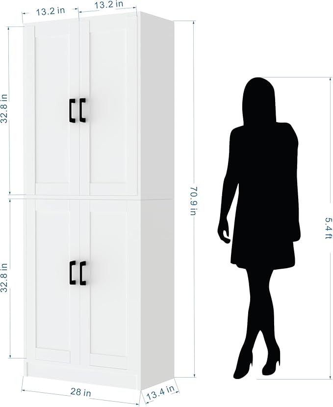 White Kitchen Pantry, 71" Tall Cabinet with Doors, Hutch with Storage for Dining Room-Ruum Studio Home