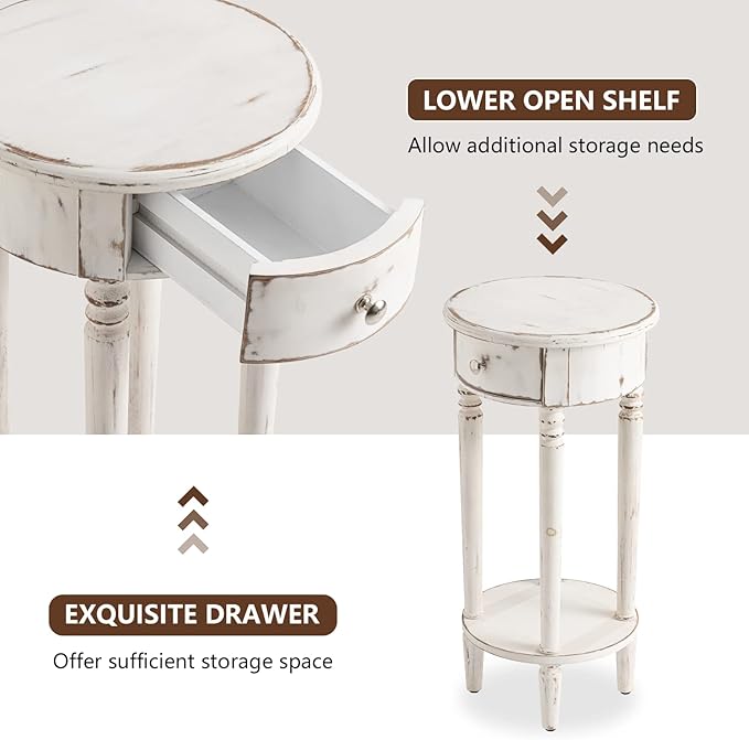 COSIEST Tall End Table with Drawer, Round Nightstand with Storage Shelf, Industrial Telephone End Table for Living Room, Bedroom, Hall Way, Space Saving Beige-Ruum Studio Home