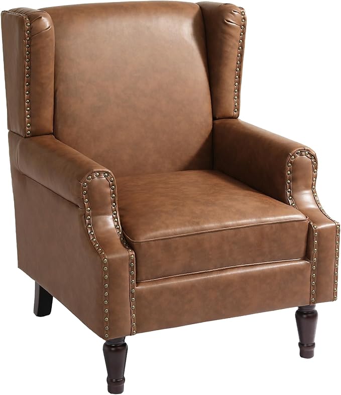 UIXE PU Leather High Back Accent Chair, Upholstered Armchair for Living Room, Retro Wingback Arm Chair Nailhead Trim Single Sofa Bedroom Reading Seat with Solid Wood Legs - Brown-Ruum Studio Home