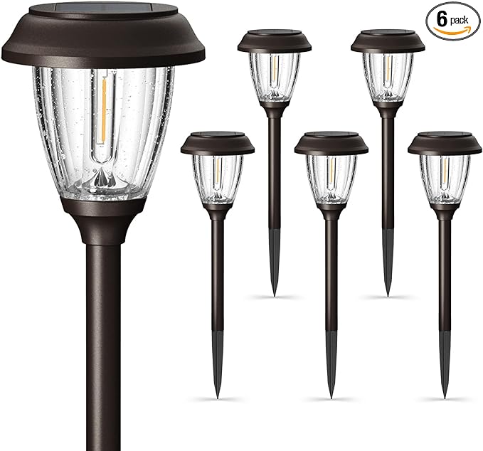 XMCOSY+ Solar Lights Outdoor 10/25 LM LED with 2 Lighting Modes, Solar Garden Lights Glass and Metal, IP65 Waterproof Solar Powered for Yard Pathway Walkway Driveway Patio (6 Pack, Warm White)-Ruum Studio Home