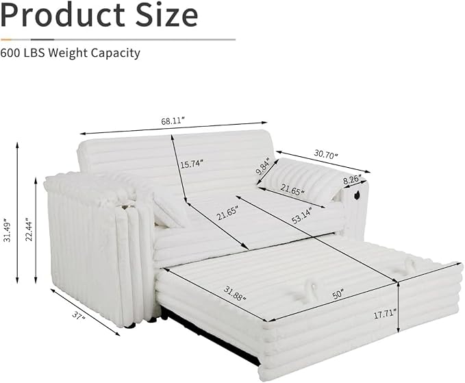57-Inch Velvet Full Size Sleeper Sofa Couch with Pullout Bed,Convertible Pull Out with Golden Decorative Strip and Adjustable Backrest for Small Spaces,Apartment, Guest Room, RV (1109White)-Ruum Studio Home