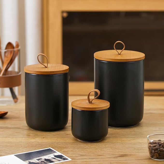 Ceramic Storage Jars, Modern Elegant Highly Polished Airtight Gorgeous Storage Canisters with Wooden Lid Small Food Stroage Jar for Kitchen Spice Tea Vanilla Sugar Coffee Beans (Black trumpet)-Ruum Studio Home