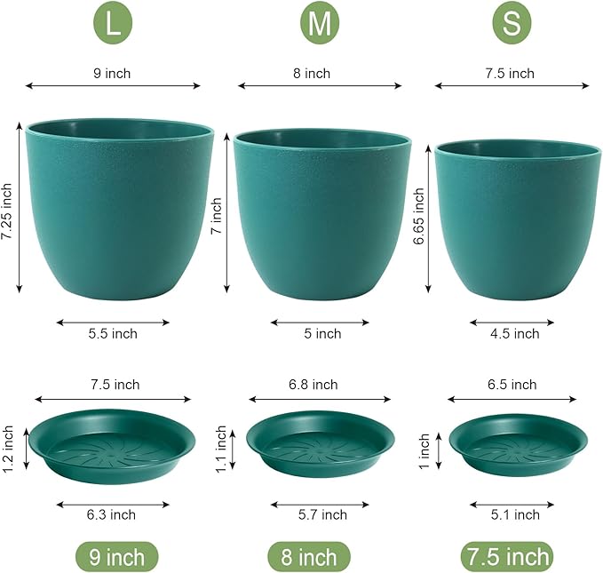 9/8/7.5 inch Flower Pots, 3 Pack Modern Plastic Planters with Drainage Holes and Trays for House Plants, Plant Pots for Indoor Outdoor Plants, Blue Green-Ruum Studio Home