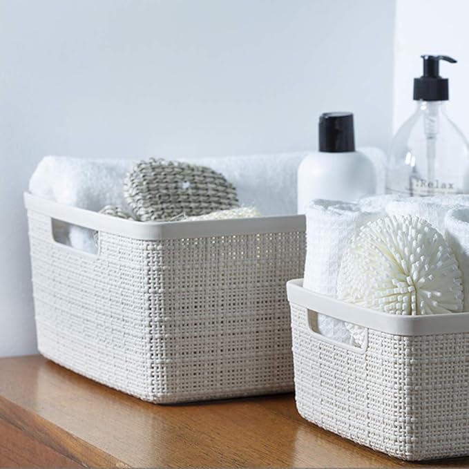 Curver Set of 6 Jute Medium Decorative Plastic Organization and Storage Baskets, Perfect Bins for Home Office, Closet Shelves, Kitchen Pantry and All Bedroom Essentials, White-Ruum Studio Home