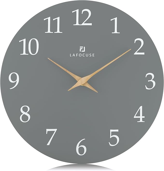 Lafocuse 12 Inch Silent Grey Wall Clock Battery Operated for Living Room Decor, Simple Minimalist Wooden Wall Clock for Kitchen Bedroom Office-Ruum Studio Home