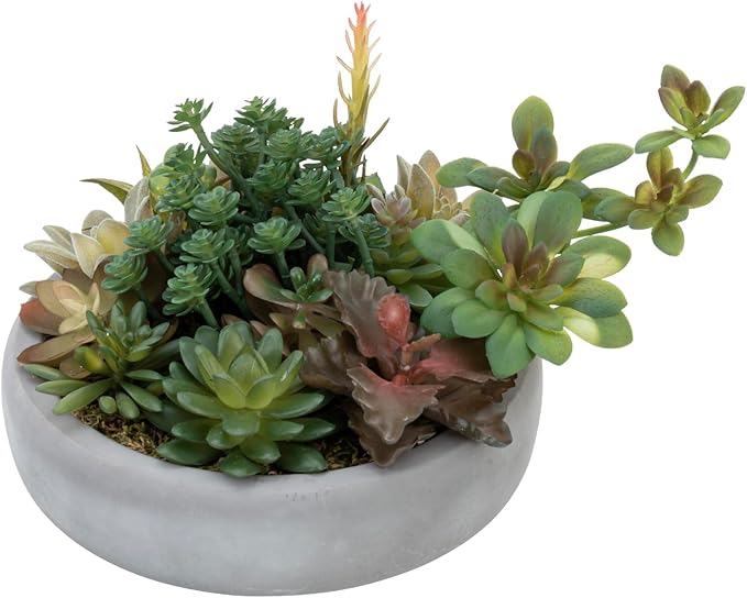 MyGift Assorted Indoor Fake Plants Artificial Succulent Arrangement in Round Gray Cement Planter Pot-Ruum Studio Home
