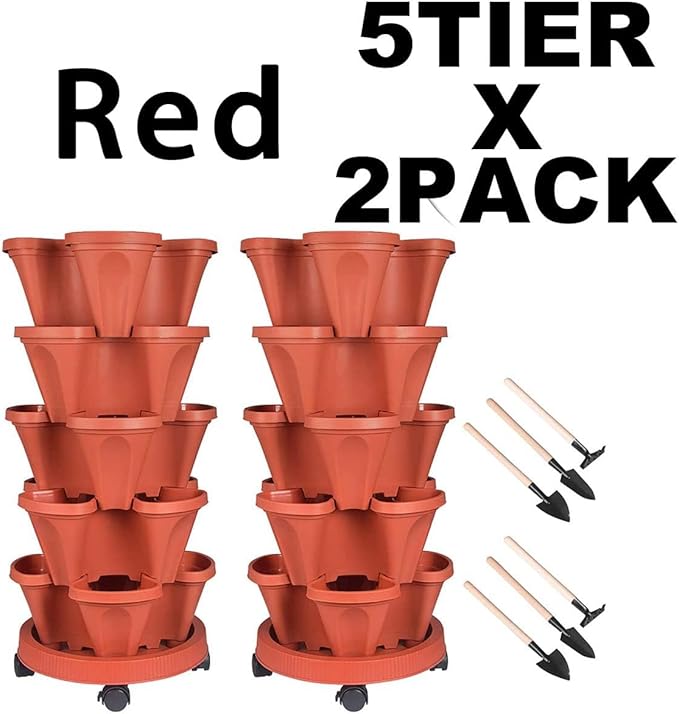 Vertical Planter 5 Tier Stackable Planters Garden Planters Strawberry Herb Flower and Vegetable Planter Indoor Outdoor Gardening Pots with Removable Wheels and Tools 2-Pack-Ruum Studio Home