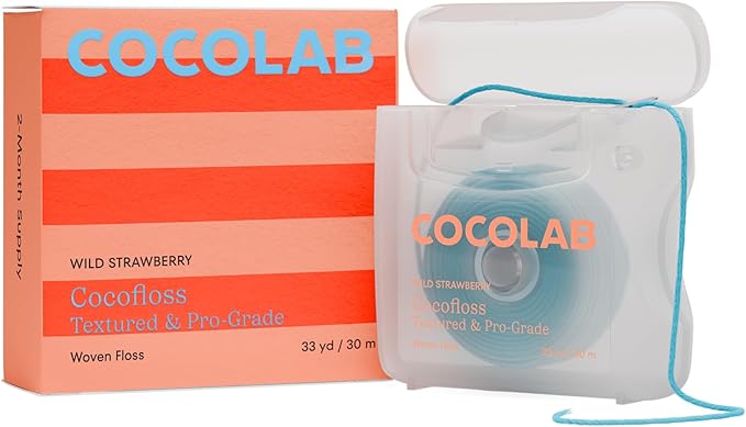 Cocofloss Woven Dental Floss, Dentist-Designed Oral Care, Strawberry Scent, Waxed, Expanding, Kid-Friendly String Floss with Coconut Oil, 1 Spool (33 yd)-Ruum Studio Home