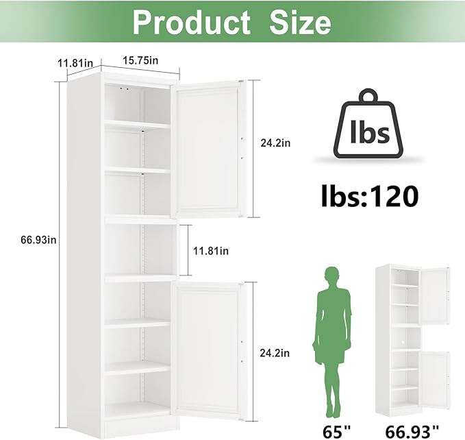 Tall Narrow Storage Cabinet 66.93" H Tall Bathroom Cabinets Metal Pantry Cabinet, 4 Adjustable Shelves for Kitchen, Home Office, Living Room, Dinning Room (16 inches Wide White)-Ruum Studio Home