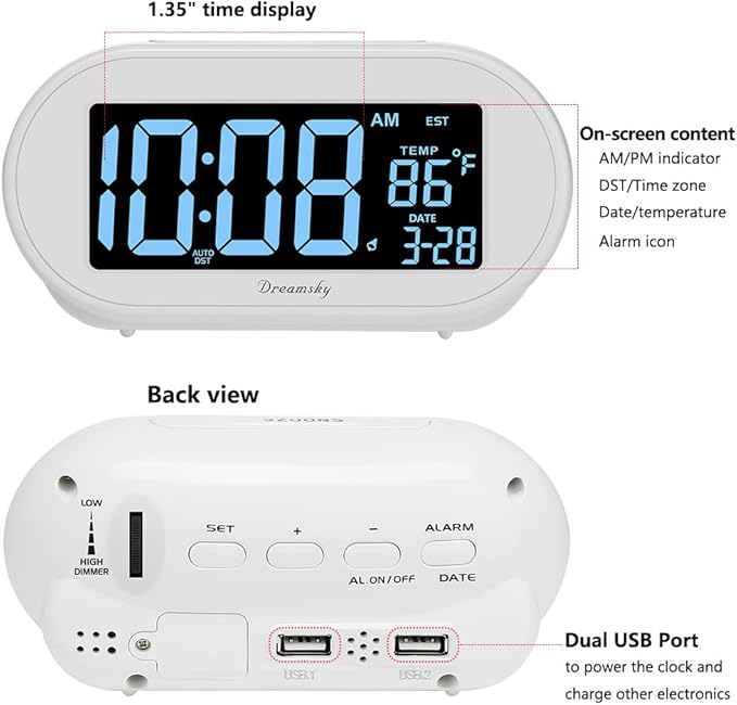 DreamSky Alarm Clocks for Bedrooms, Auto Set Digital Desk Clock for Bedside Nightstand, Electric Clock with Dimmable Brightness Dimmer, Auto DST, USB Port, Date, Temperature, Snooze-Ruum Studio Home