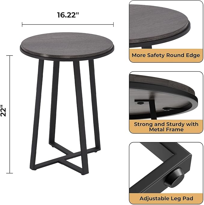 Round End Table, Small Side Table Grey Color MDF Top, Metal Frame Black, Tall End Side Table for Bed Room, Coffee Tea End Table for Living Room(Round Grey)-Ruum Studio Home