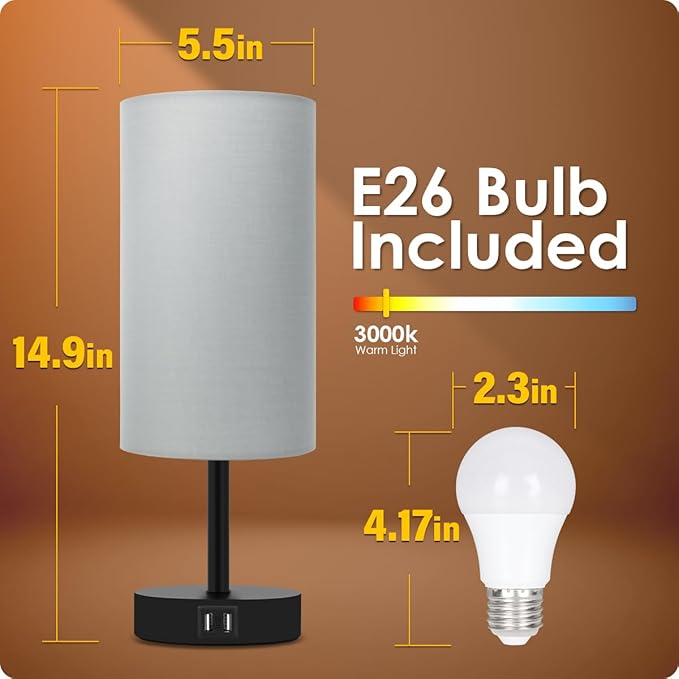 Yarra-Decor Bedside Lamp with USB Port - Touch Control Table Lamp for Bedroom 3 Way Dimmable Nightstand Lamp with Round Grey Fabric Shade for Living Room, Dorm, Home Office (LED Bulb Included)-Ruum Studio Home