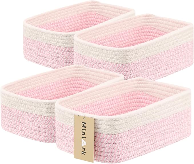 Small Storage Baskets for Organizing | Closet Organizer Bins | Shelf Toy Basket | Woven Rope Baskets | Cube Decorative Box | Shallow Basket | 11.5x7.5x4.7” | 4 Packs White Pink-Ruum Studio Home