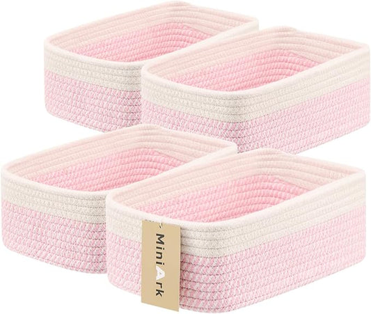 Small Storage Baskets for Organizing | Closet Organizer Bins | Shelf Toy Basket | Woven Rope Baskets | Cube Decorative Box | Shallow Basket | 11.5x7.5x4.7” | 4 Packs White Pink-Ruum Studio Home