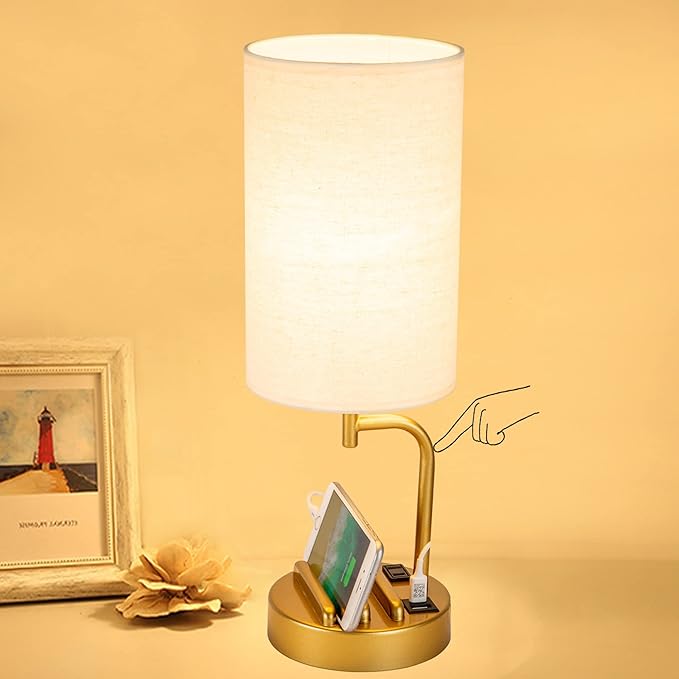 Dreamholder Touch Control USB Table Lamp, Upgraded 3-Way Dimmable Bedside Desk Lamp with USB C & A Charging Ports and AC Outlet, Nightstand Lamp for Bedroom, Dimmable Bulb Included, Gold-Ruum Studio Home