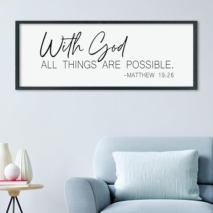 LuZhiQiang With God All Things Are Possible Wall Decor 40"×15" Matthew 19:26 sign Bible Verse Scripture for Living Room Large Wood Framed Wall Hanging Art (Black)-Ruum Studio Home