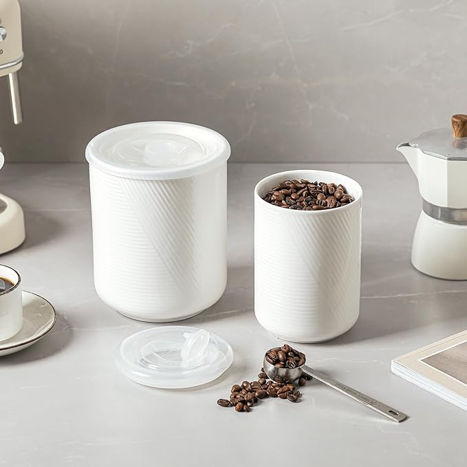 Food Storage Containers with Airtight Lids: Ceramic Canister Sets for Kitchen Countertop - Porcelain Jar for Coffee Tea Flour Sugar Rice Cookies Candy - White (23+42 oz)-Ruum Studio Home