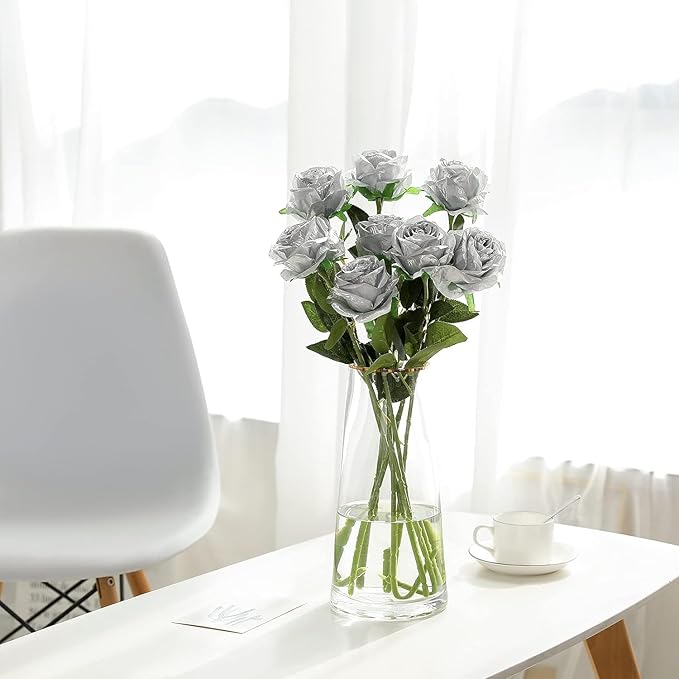Silver Fake Roses Artificial Flowers - 10 Pcs Fake Artificial Roses Silk Flowers with Stems for Home Wedding Hotel Office Centerpiece Decor-Ruum Studio Home