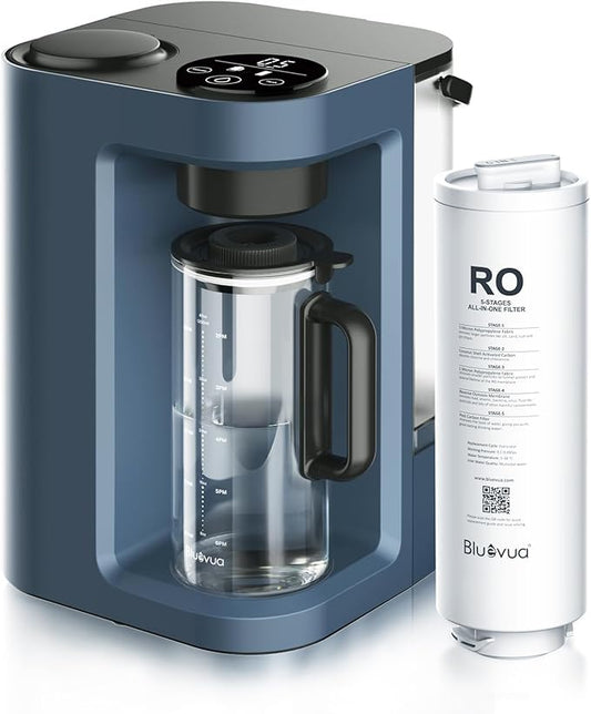 Bluevua RO100ROPOT-LITE Countertop Reverse Osmosis Water Filter System, 5 Stage Purification, 3:1 Pure to Drain, Portable Water Purifier (No Installation Required) (Blue)-Ruum Studio Home