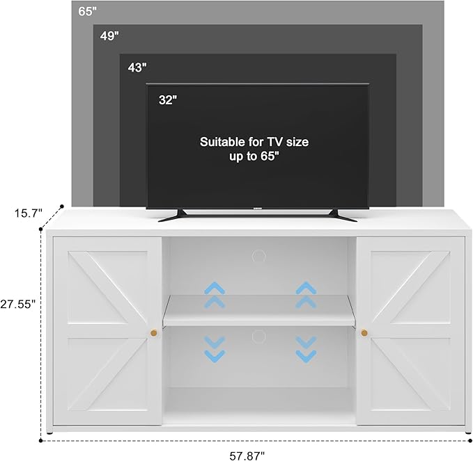 Farmhouse - Style 65 - inch Metal TV Stand: Entertainment Center with Locker, Barn - Style Doors, Adjustable Partition. Medieval Modern Media Console Table for Living Room & Bedroom (White)-Ruum Studio Home