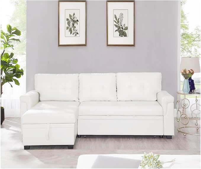 Naomi Home Transform Any Space: Sleeper Sectional Sofa with Convertible Sofa Bed & Inviting Chaise. Find Tranquil Comfort with Stress-Relieving Design & Durable Cushions - White/Air Leather-Ruum Studio Home