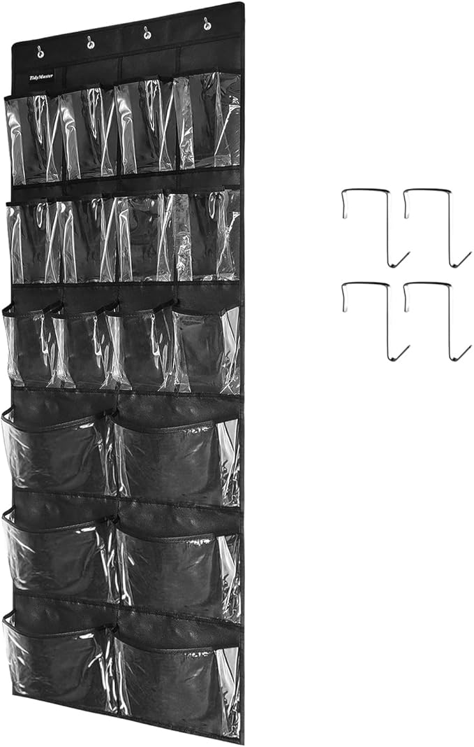 Extra Large Hanging Over Door Shoe Organizer, Closet Shoe Rack - 12+6 Crystal Pockets, 4 Hooks, Black (59"x 21.6")-Ruum Studio Home