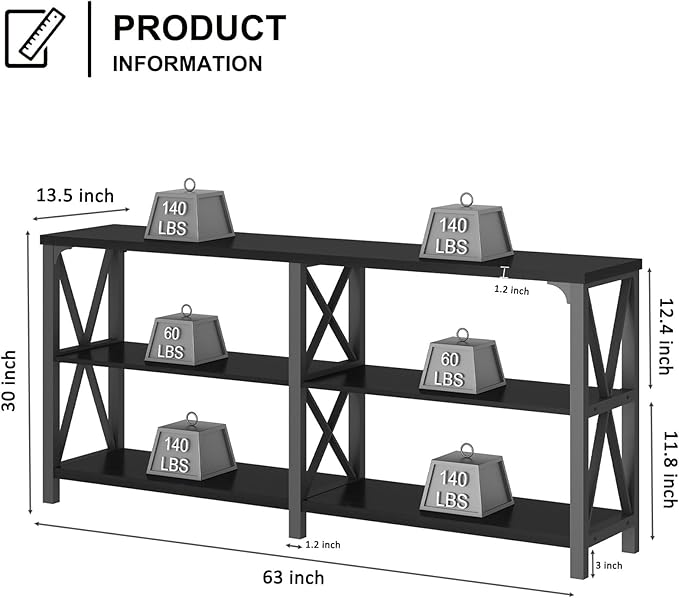 LVB Industrial Entryway Table, Farmhouse Rustic Console Tables Behind Couch, Long Metal Wooden Sofa Table with Storage Shelf, Modern Foyer Hallway Table for Living Room Bedroom, Black Oak, 63 in-Ruum Studio Home